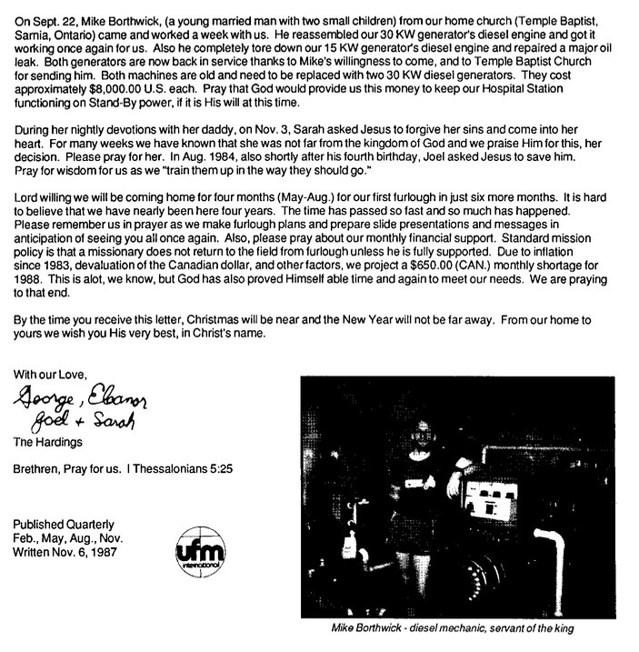 Missionary newsletter from November 1987 thanking Mike Borthwick, diesel mechanic, for a week of repairing the mission hospital’s generators in Haiti